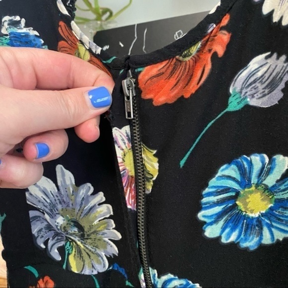 Anthropologie Moulinette Soeurs Black Floral Print Green Belt Sleeveless Dress - Picture 7 of 15